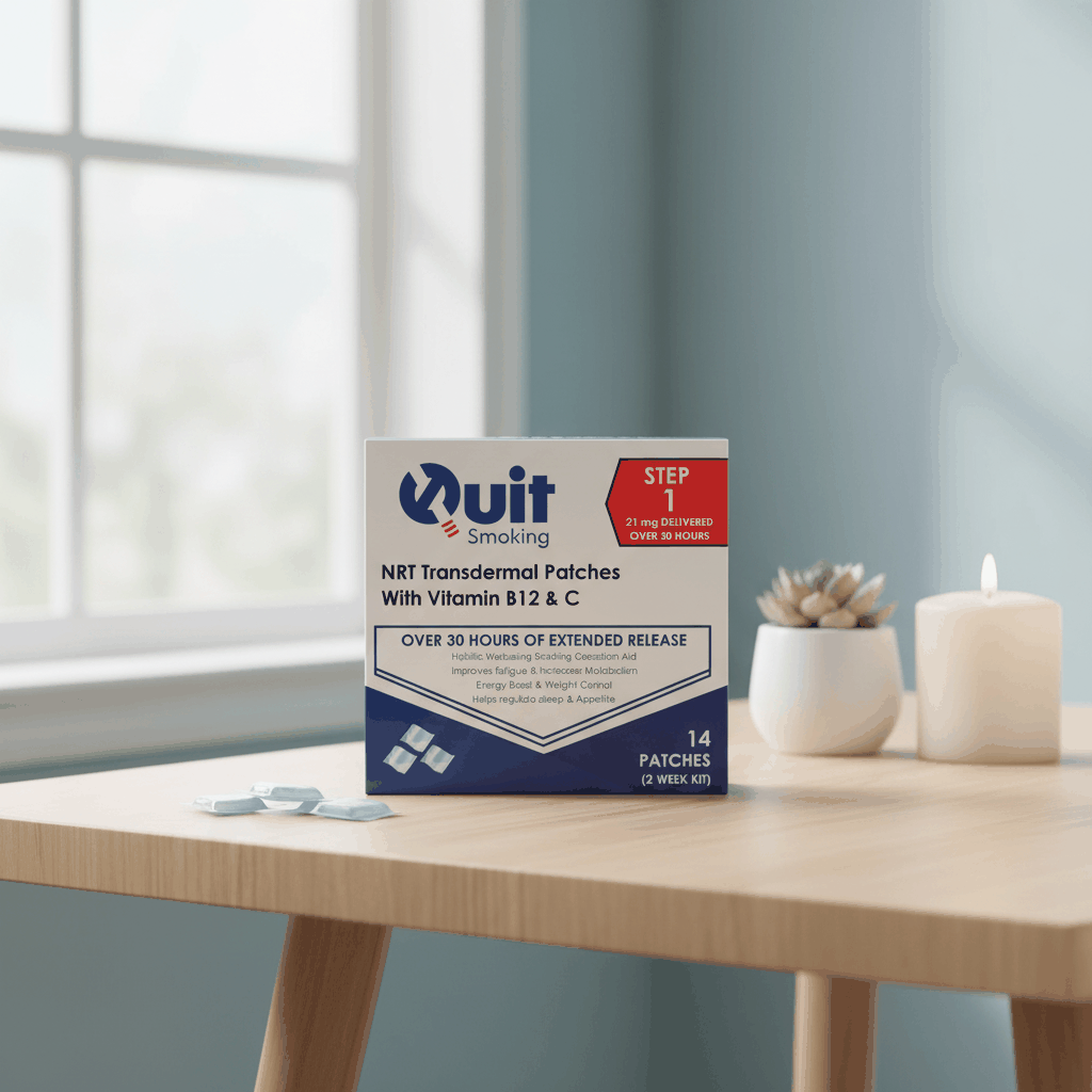 White label smoking cessation aid 14mg Nico transdermal patches box with 14 patches on wooden table near window