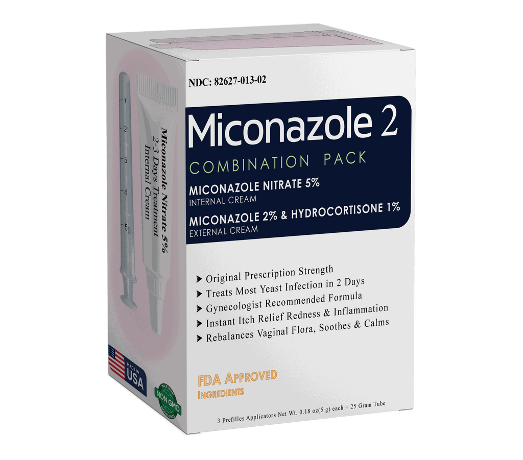 Miconazole Nitrate 5% internal and 2% external cream combination pack for 2-day yeast infection treatment with hydrocortisone, FDA approved.