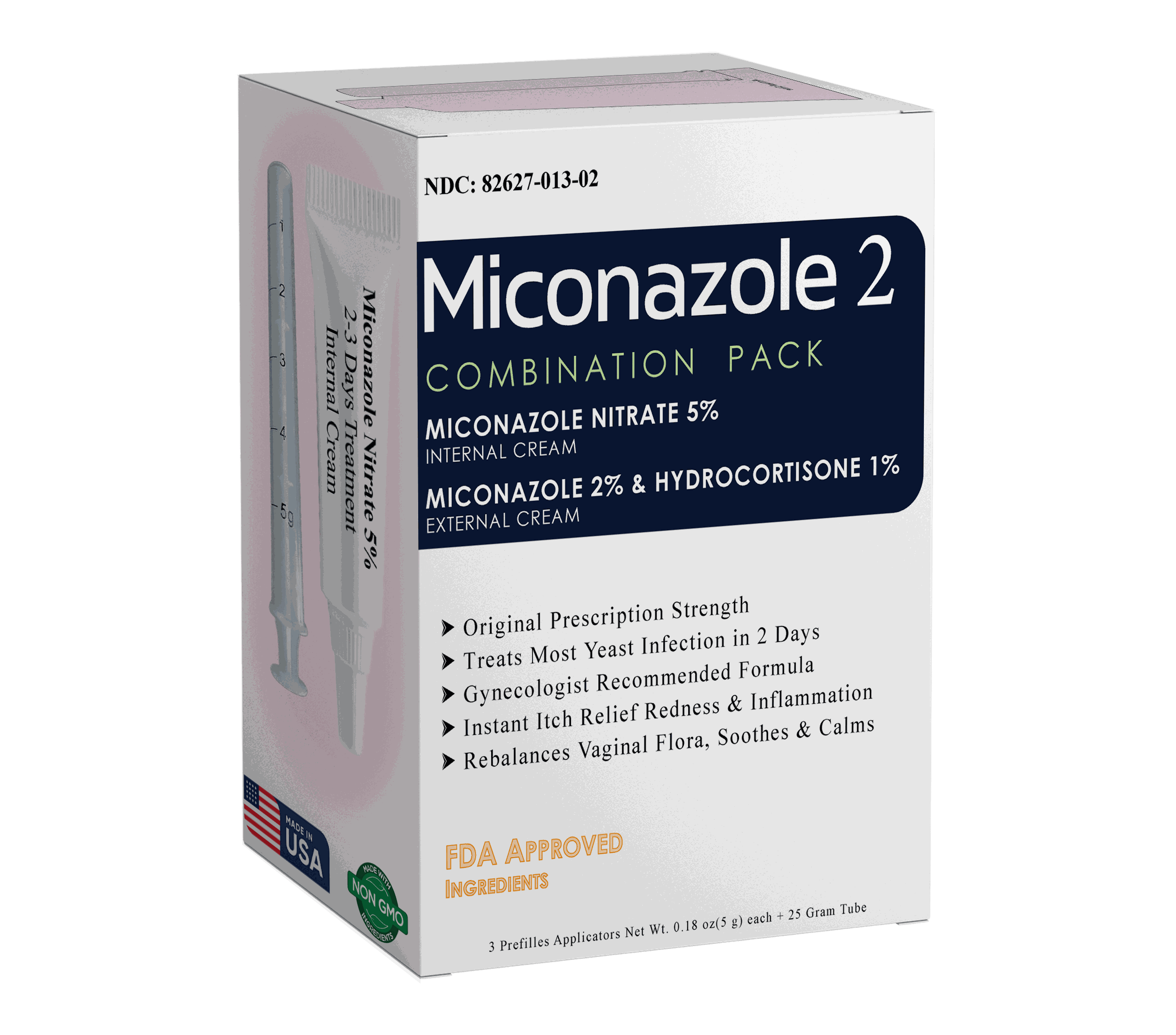 Miconazole Nitrate 5% internal and 2% external cream combination pack for 2-day yeast infection treatment with hydrocortisone, FDA approved.